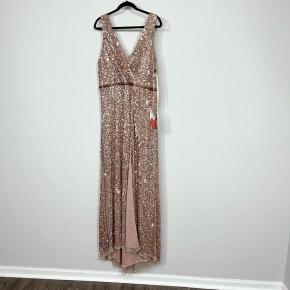 Mac Duggal Wrap Gown Womens 16 Copper V-Neck Thigh High Slit Sequin Beaded Waist